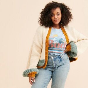 Society Mano Chunky Knit Colorblock Cardigan with Green and Orange Accents